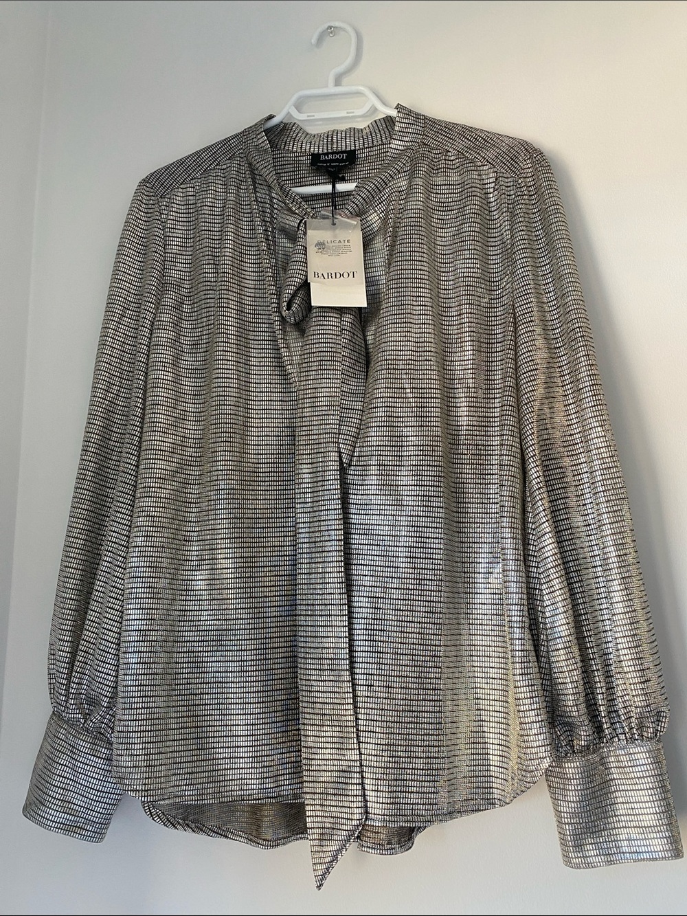 Bardot Metallic Silver Tie-Neck Button Down Blouse